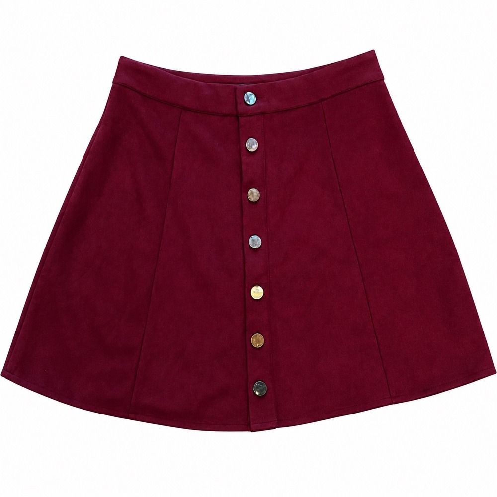 Fuinloth Burgundy Faux Suede Button Front A-Line Mini Skirt Womens Size Medium